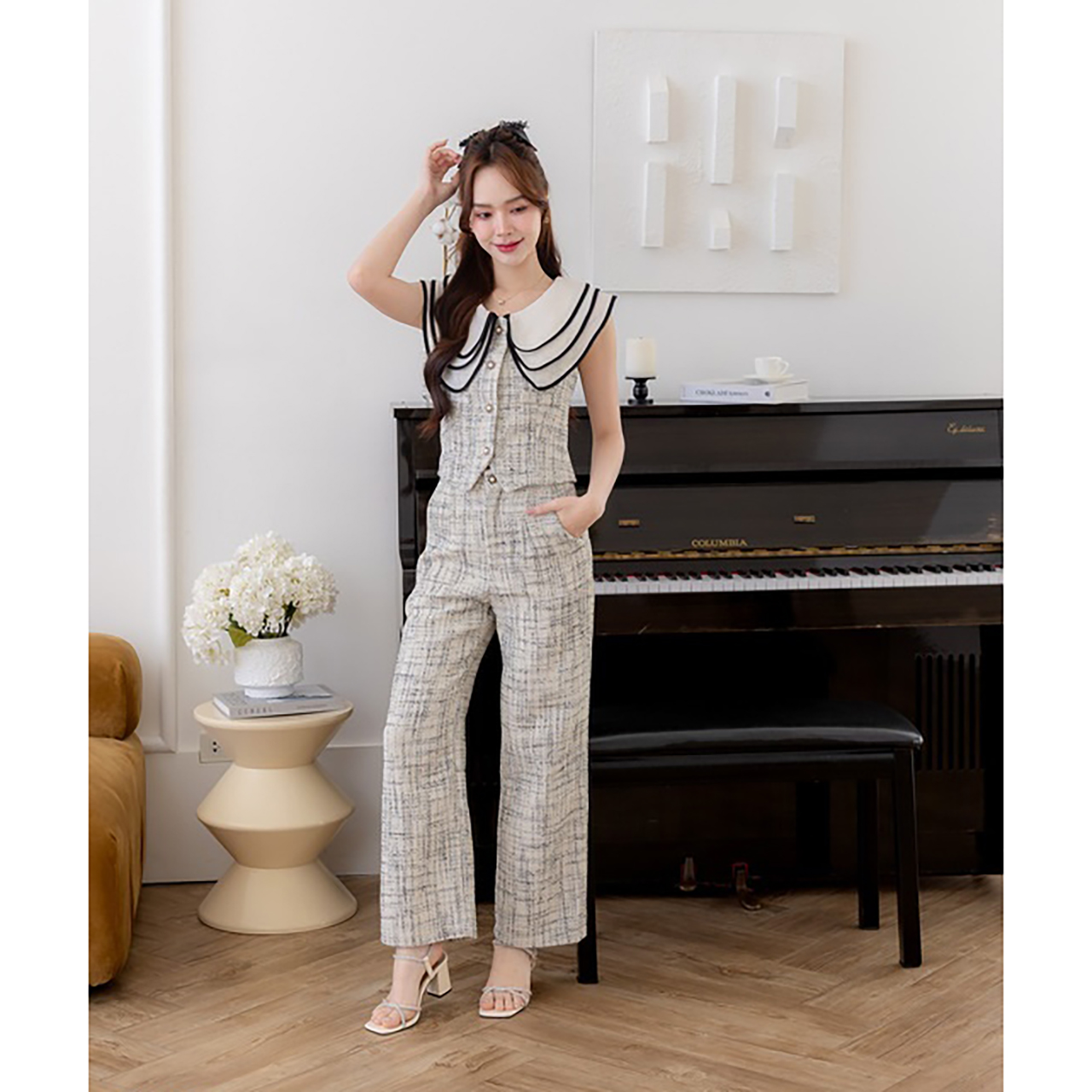 kudapy เซ็ทผ้าทวิตคอปก3ชั้น เสื้อ+กางเกง ใส่เที่ยวออกงาน