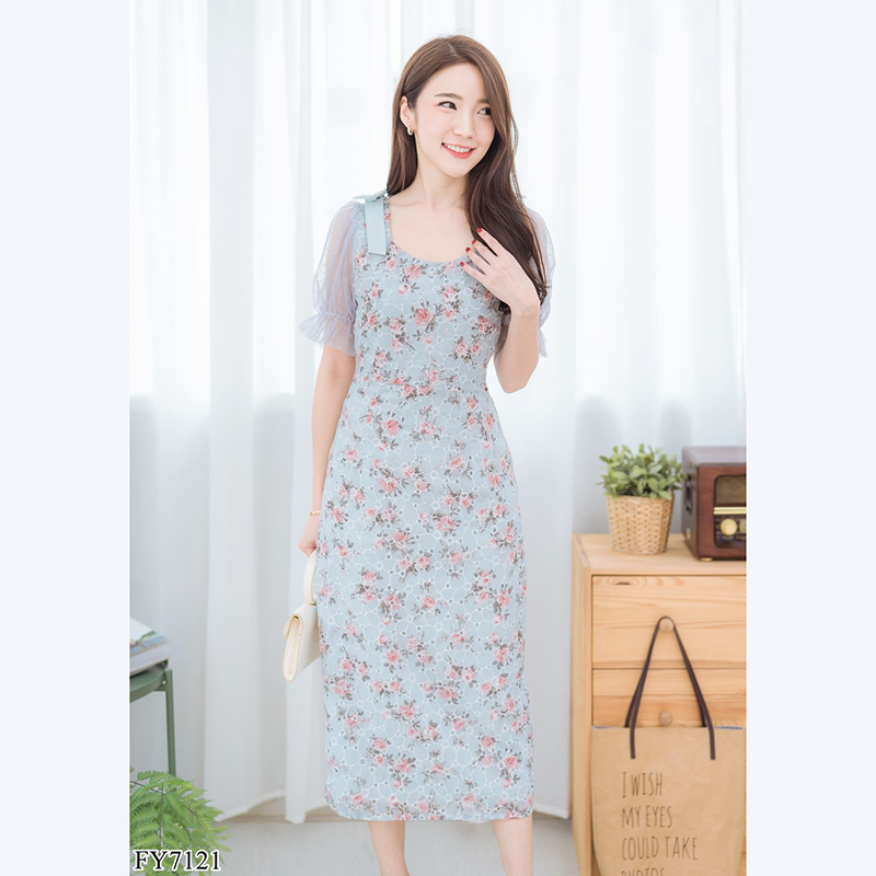 kudapy เดรสยาวสีครีม/ฟ้า/ชมพู ลายดอกแขนบาร์บี้ ผ้าใส่สบายสวยดูดีน่ารัก