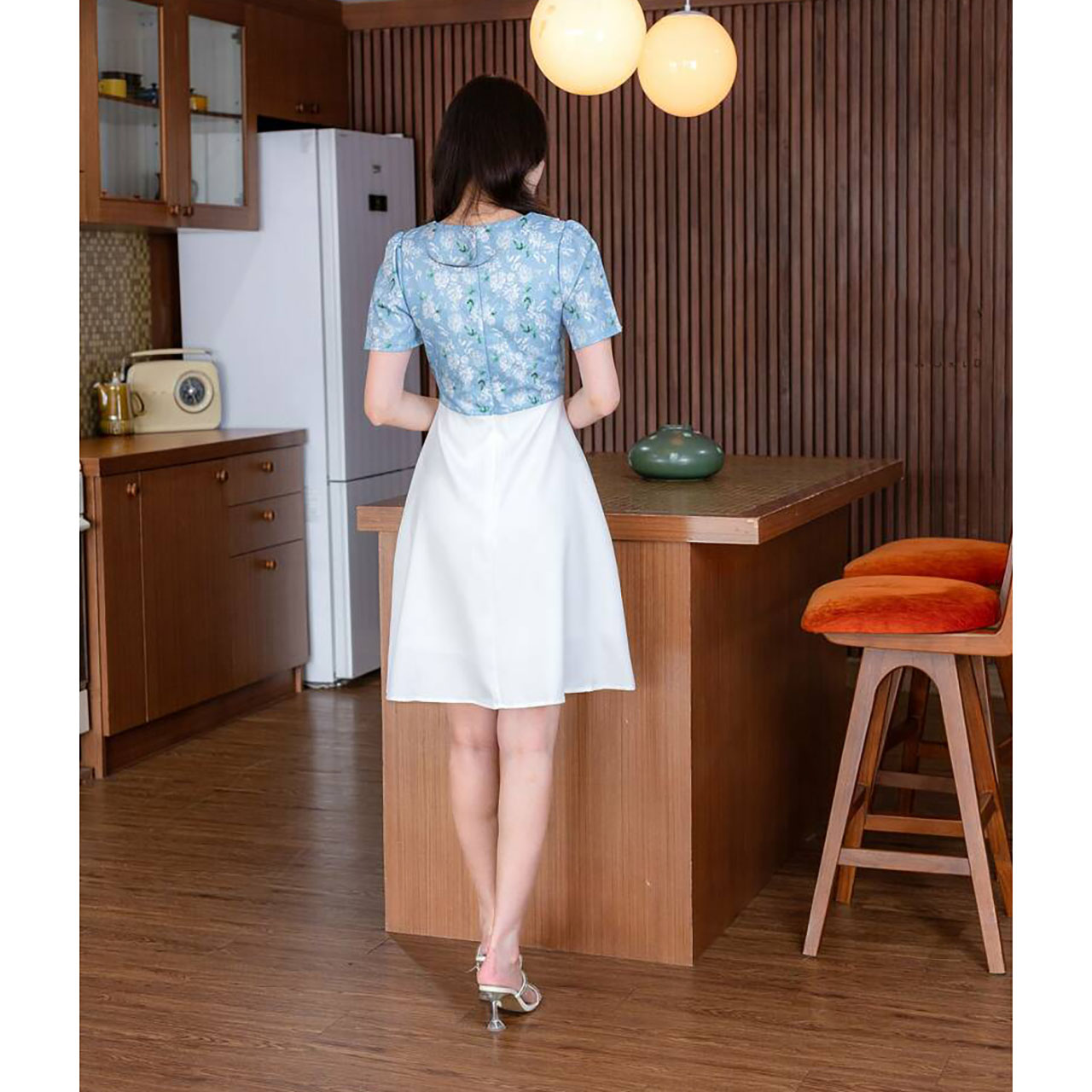 kudapy เดรสสั้นสีแดง/สีฟ้า ผ้าแจ็คการ์ดคอปก ใส่สบายสวยดูดีน่ารัก