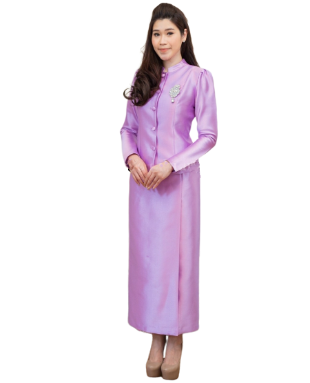 ชุดไทยจิตรลดาสีม่วง เซ็ท 2 ชิ้น เสื้อผ้าไหมกระดุมหน้า + พร้อมกระโปรงทรงสอบ