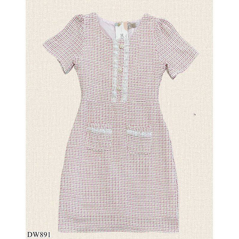 kudapy เดรสสั้นสีชมพู/สีเขียว/สีฟ้า ผ้าทอแต่งกระดุมมุก