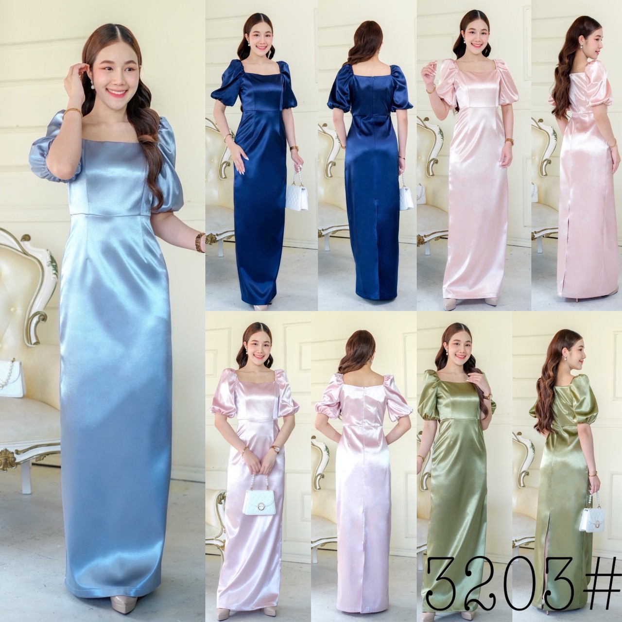kudapy เดรสราตรียาว คอเหลี่ยม แขนสั้นจับพอง ใส่ได้สองแบบ เปิดบ่า แขนสั้น กระโปรงทรงสอบยาว ซิปหลัง