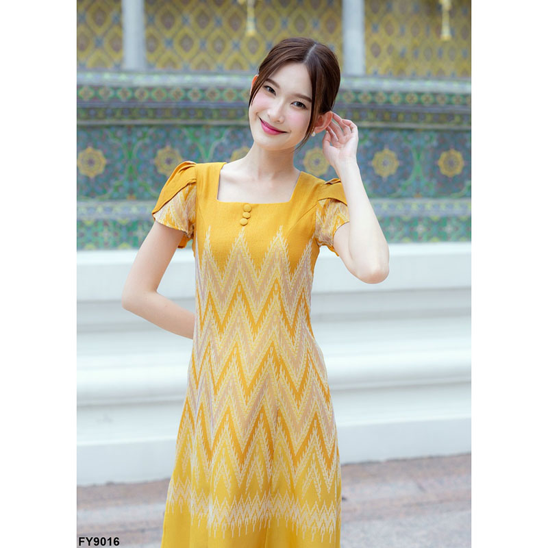 kudapy เดรสสั้นสีฟ้า/สีเหลือง ผ้าทอแขนกลีบบัว ผ้าลายไหย ใส่ทำงานสวยดูดี