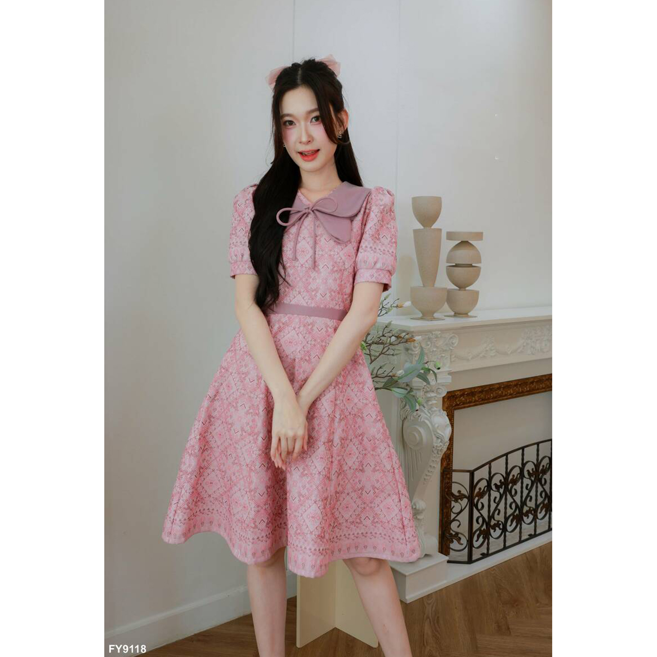 kudapy เดรสคอปกบัวผีเสื้อแขนตุ๊กตาพิมพ์ลาย