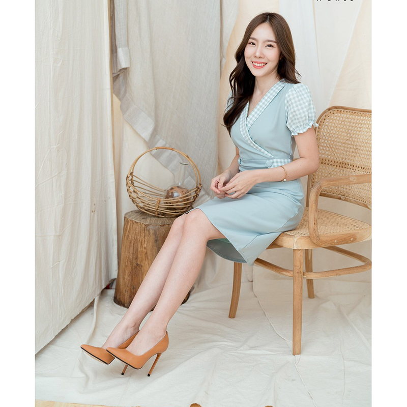 kudapy เดรสสั้นสีชมพู/แดง/เขียว/ดำ คอวีปกแขนตุ๊กตาสก็อต ใส่แล้วดูดีคุณหนูมากๆ