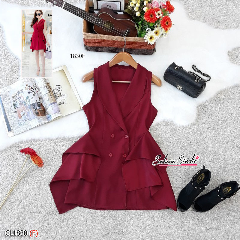 kudapy เดรสสูท แขนกุด ติดกระดุมหน้าแกะออกได้จริง งานผ้าซาร่าอย่างดี เอวไม่สม็อค ดีเทลแต่งระบาย 2 ข้าง