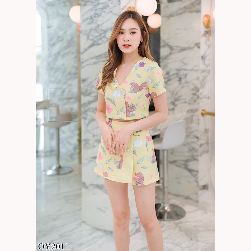 kudapy เซทเสื้อ+กกลายกระรอกสีเหลือง/สีชมพู/สีเขียว ใส่สบายสวยดูดี