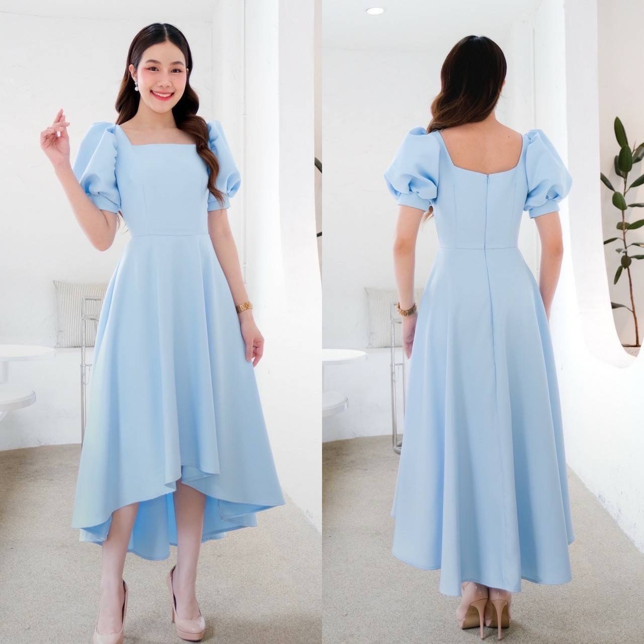 kudapy เดรสพองสีขาวงาช้าง/ฟ้า/ชมพูพาสเทล/เทาอ่อน/ทอง คอเหลี่ยม เกาหลีมากแม๊ คัตติ้งเริศแบบอลัง กระโปรงทรงหน้าสั้นหลังยาว