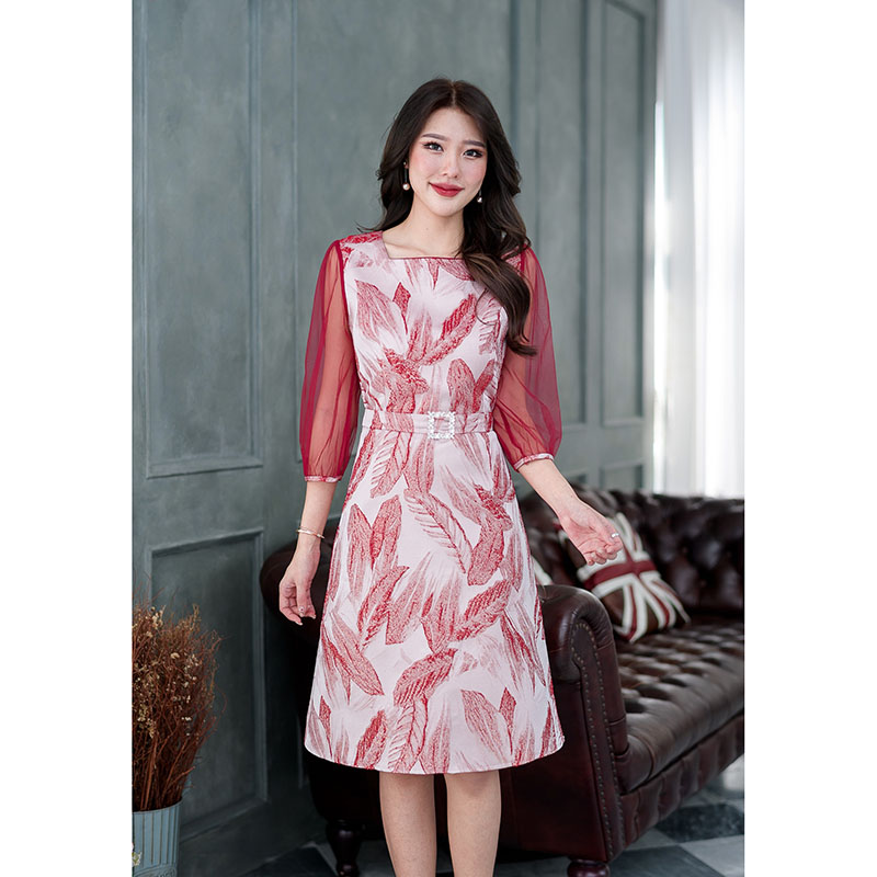 kudapy เดรสผ้า jacquard งานลายผ้าสวยโดดเด่นลายขนนกไล่สีงาน ผ้าสวยมีแท็กเจอร์ ตัวเดรสกระโปรงทรงเอ