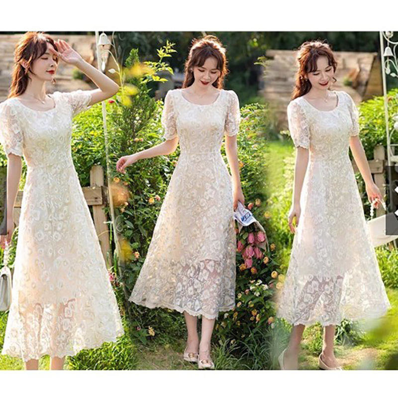kudapy เดรสยาวสีครีมทอง ลูกไม้ แขนสั้น เนื้อผ้าลูกไม้มุ้งปักลายดอกไม้ เดินดิ้นสีทอง สวยๆ ชุดมีซับในในตัว ซับในผ้าซาตินเนื้อเงา