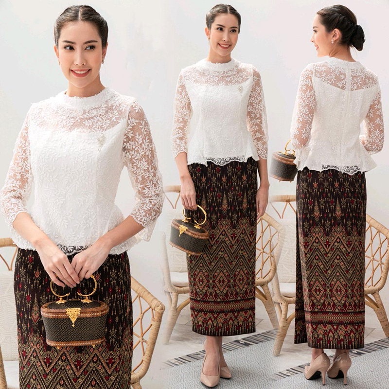 kudapy เสื้อลูกไม้สีชมพู/สีขาว ผ้าไหมแพรวากาฬสินธุ์ตัดสำเร็จ เนื้อผ้างานปักทอลายสวย