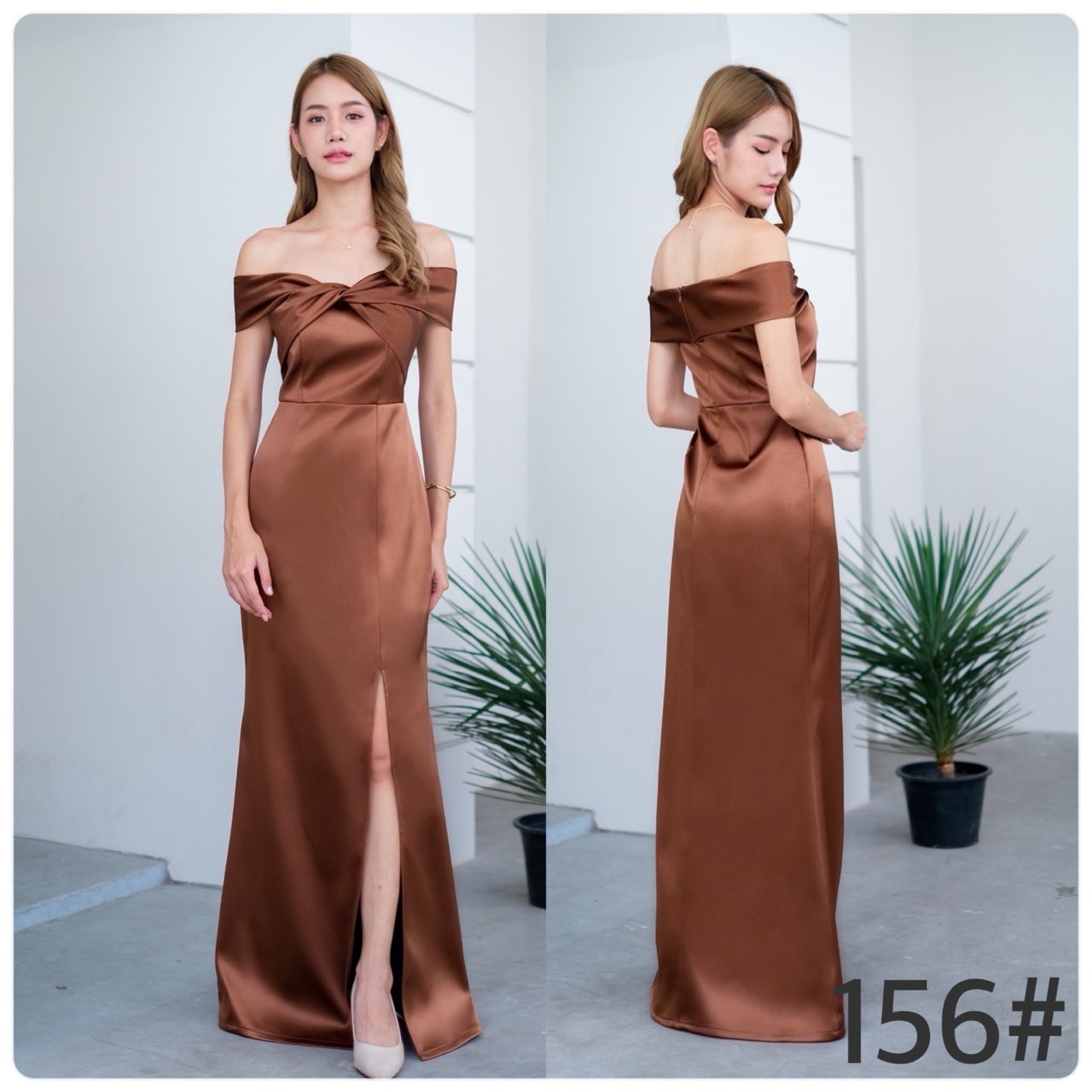 kudapy เดรสยาวเปิดไหล่ ปิดต้อนแขน สีฟ้า ,สีเขียวอมเทา ,สีขาว, สีทอง, สีชมพูกลีบบัว,สีแดง,สีเทา,สีทองโรสโกลด์ ไขว้ทวิชอก กระโปรงสอบ ซิปหลังใส่ง่าย ทรงยาวผ่าหน่า.