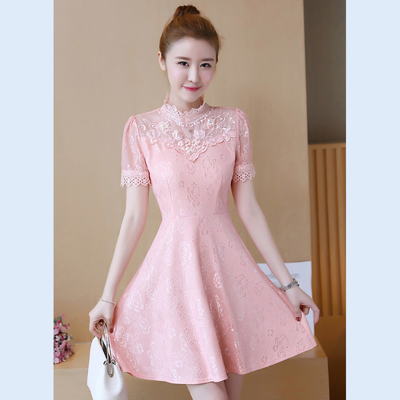 kudapy เดรสสั้นลูกไม้คอปีนสีม่วง/สีส้มโอรส เดรสลูกไม้เนื้อนิ่มใส่สบาย มีซับใน ซิบหลัง แขนสั้น