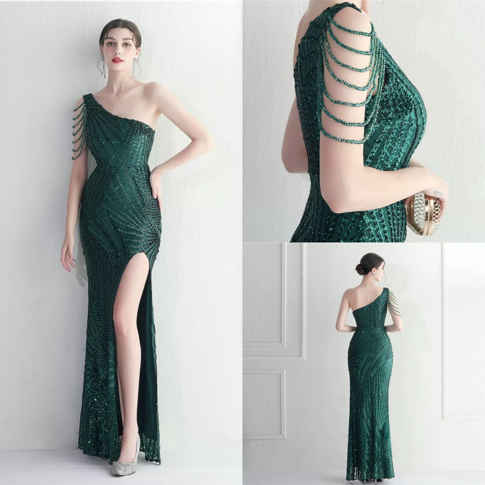 kudapy ชุดราตรียาวผ้ากริสเตอร์ เดรสยาวไหล่เดี่ยวเฉียงข้าง แต่งเพชร สีขาว,สีเทาเงิน,ชมพูโรสโกลด์,สีม่วง,น้ำเงินกรม,เขียวเข้ม,สีแดงเบอร์กันดี,สีดำ