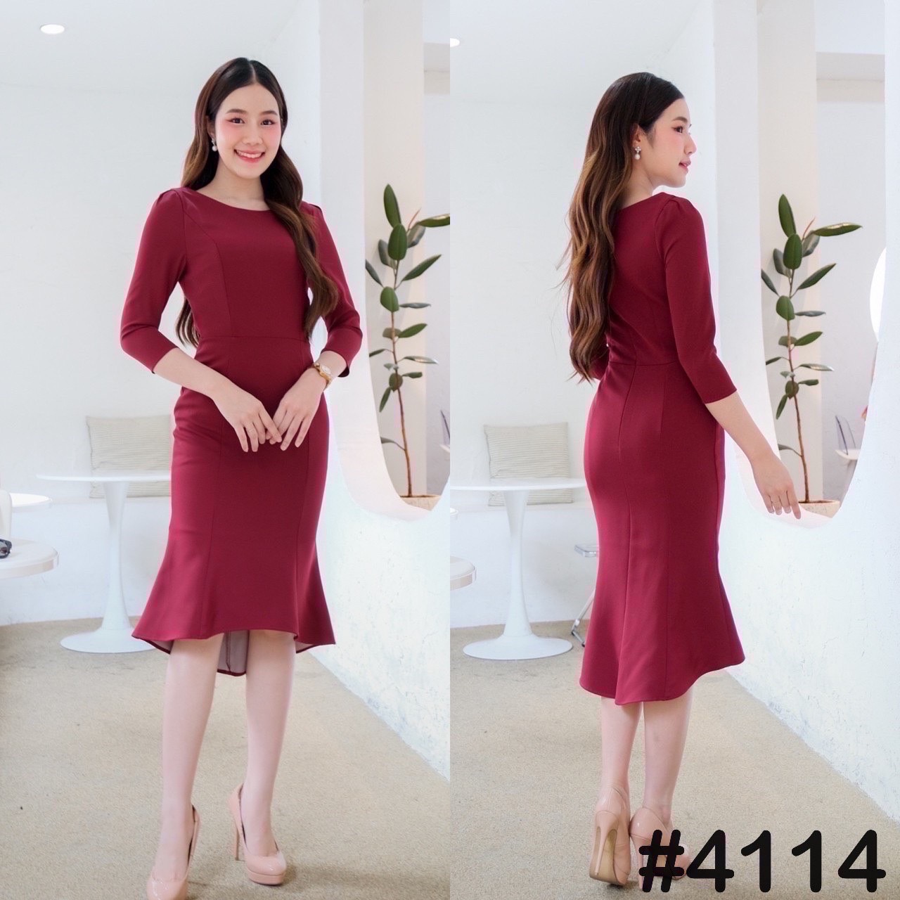 kudapy เดรสแขน3/4 กระโปรงทรงหางปลา เรียบหรูสุดๆ ใส่ไปงาน ผ้าเครปเกาหลี หนานุ่ม เด้งดึ๋ง ใส่สบาย