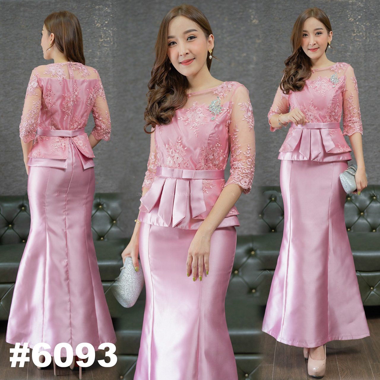 kudapy เดรสงานชิ้นเดียวไหมอิตาลีเนื้ออยู่ทรง ผ้าไหมอิตาลีทอสี่เส้นประดับด้วยผ้าลูกไม้เกรดพรีเมี่ยม