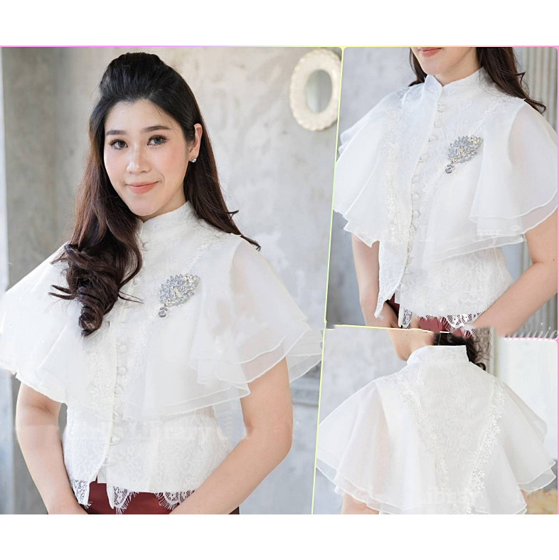kudapy เสื้อลูกไม้ สีขาว/สีม่วง/สีชมพูอ่อน แต่งระบายรอบไหล่ เก็บเอวเข้าทรง งานสวยมาก