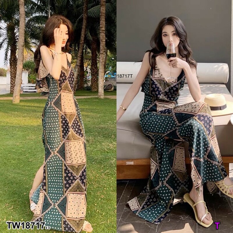 kudapy ชุดเดรสยาวสายเดี่ยวไปทะเล ผ่าด้านข้าง นวทะเลๆๆ ค่า ผ้ไหมอิตาลี่ พิมพ์ลายกราฟฟิก