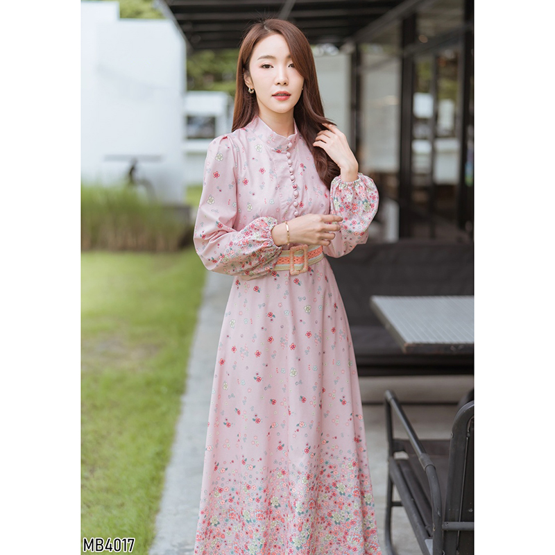 kudapy เดรสยาวสีขาว/ชมพู แขนยาวกระดุมหน้าใส่สบายสวยดูดี