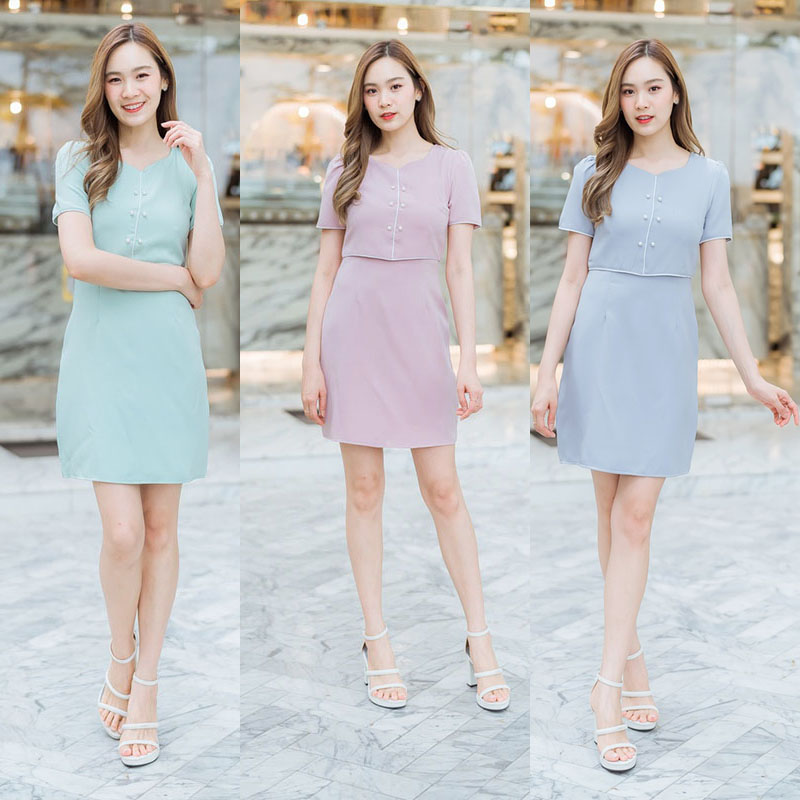 kudapy เดัรสสั้นสีชมพู/สีเทา/สีเขียว ทำงานเสื้อแต่งกระดุม ออกงานปาตี้สวยดูดีมากๆ