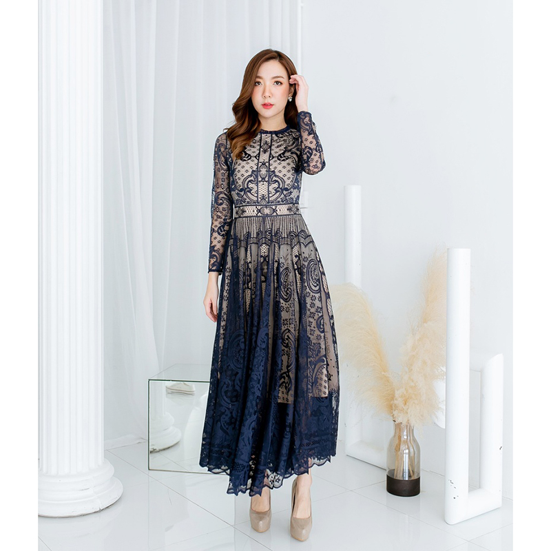 kudapy เดรสยาวสีชมพู/สีขาว/สีกรม/สีแดง แขนยาวผ้าลูกไม้สวยดูดีใส่สบายน่ารักมากๆ