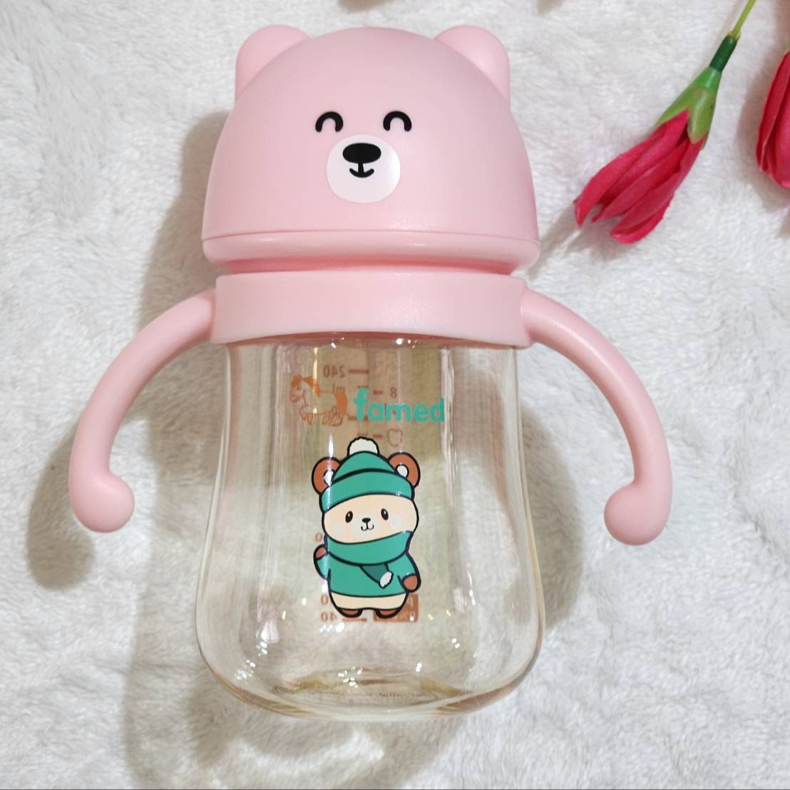 ขวดนมสีชา PPSU famed little bear คอกว้าง 8ออนซ์ พร้อมแขนจับ และจุกนม