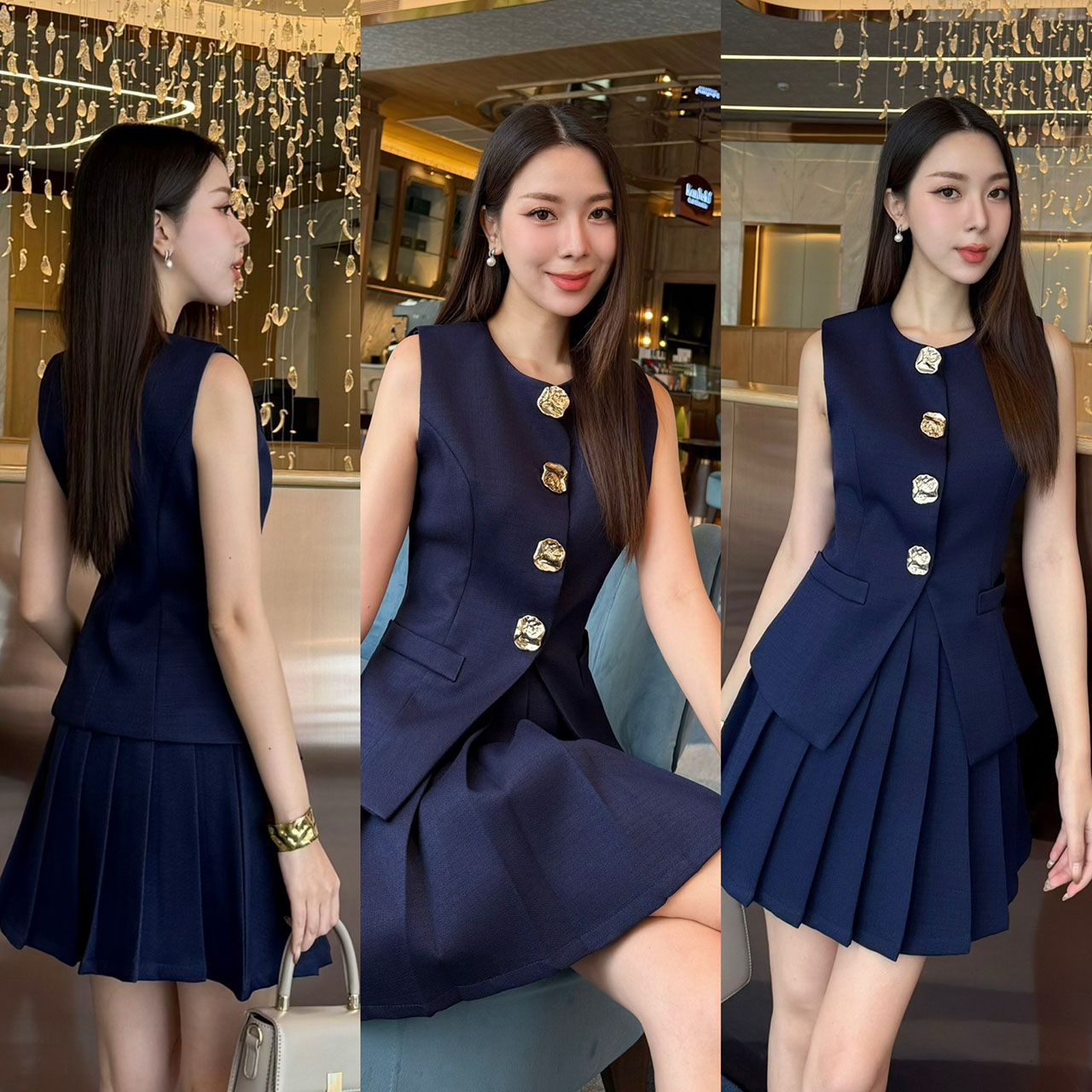 kudapy set เสื้อแขนกุด แต่งกระดุมสีทองเม็ดใหญ่ด้านหน้า(กระดุมทองเย็บติด ด้านใน มาพร้อมกับกระโปรงแต่งจีบ