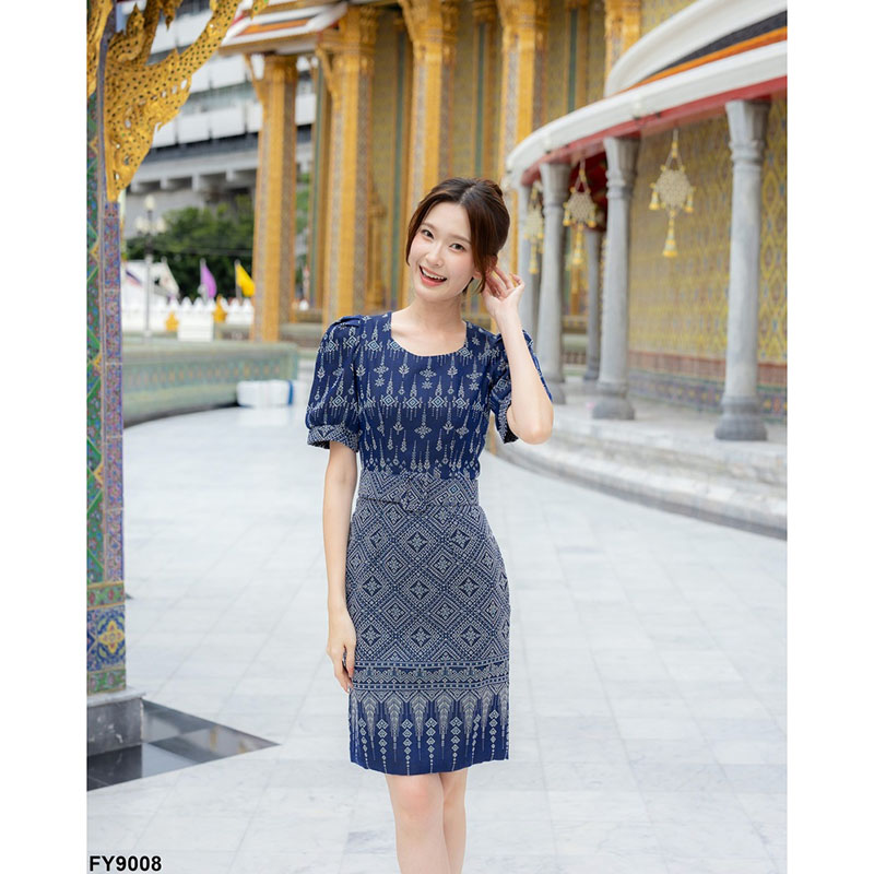 kudapy เดรสสั้นสีกรม/สีน้ำตาล ผ้าลายไทยแขนสั้น ผ้าใส่สบายสวยดูดี ใสออกงาน ใส่ทำงาน+เข็มขัด