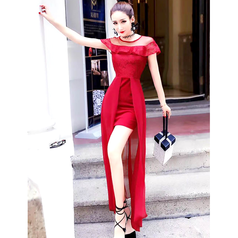 kudapy เดรสยาวสีแดงแนววินเทจ คอกลมแต่งระบายรอบไหล่ ใส่ออกงานสวยหรูหรา