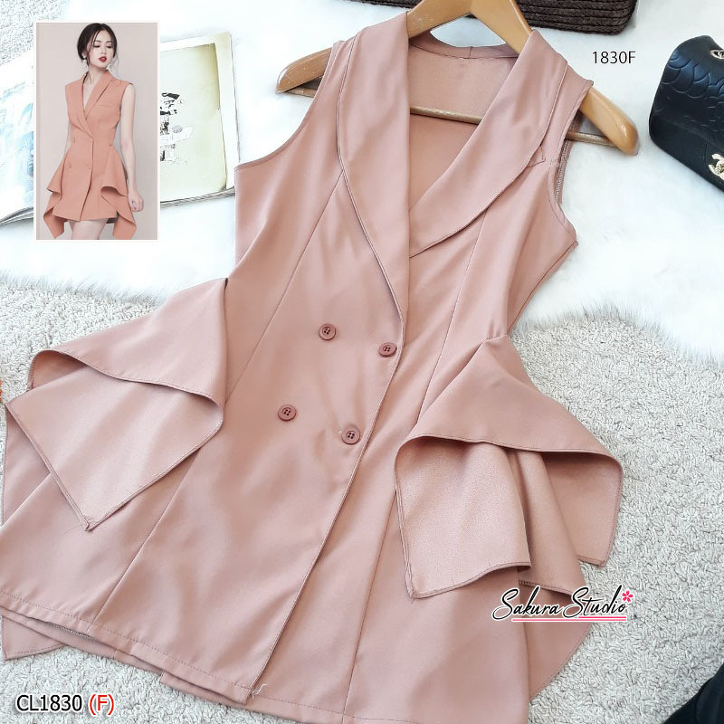 kudapy เดรสสูท แขนกุด ติดกระดุมหน้าแกะออกได้จริง งานผ้าซาร่าอย่างดี เอวไม่สม็อค ดีเทลแต่งระบาย 2 ข้าง