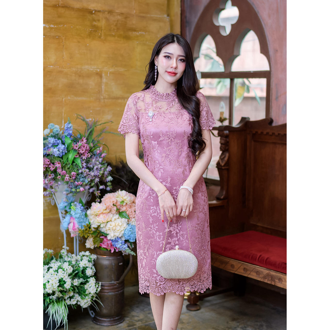 kudapy เดรสสั้นสีเหลืองทอง/สีชมพูกะปิ ทรงแขนสั้นผ้าลูกไม้เงาผ้าสวยพรีเมี่ยม งานลายเชิงผ้าช่วงแขนและชายกระโปรงสวยมาก