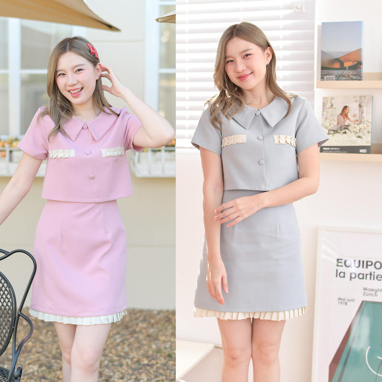 kudapy เดรสแขนสั้นสีฟ้าอ่อน/สีชมพู คอปกดีไซน์เก๋เหมือนใส่แยกชิ้น เดรสชิ้นเดียวเย็บติด ตัดต่อกลางลำตัวติดกระดุมปั๊ม แต่งระบายพลีทที่อกและชายซับในให้ดูเป็นเลเยอร์