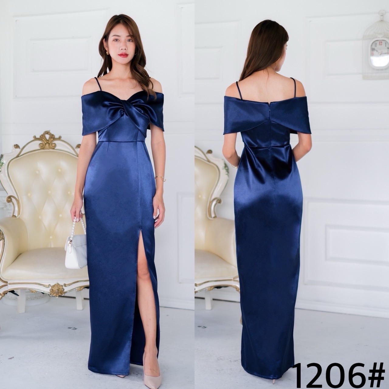 kudapy เดรสยาวเปิดบ่า ทวิชช่วงอก มีสายคาดบ่าให้ กระโปรงทรงบาน ความยาวครึ่งเข้ง เนื้อผ้าดัชเชสอัดกาว ผ้าเงาสวย อยู่ทรง