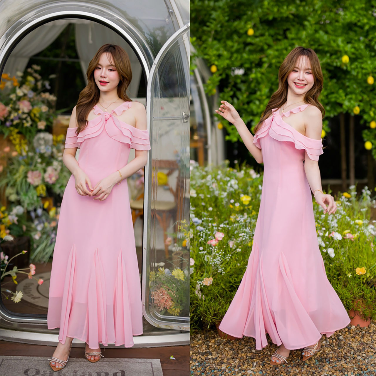 kudapy เดรสยาว ช่วงคอเป็นแบบคล้องคอทรง Vest ดูเซะซี่ ต่อระบายเลเยอร์ 3 ชั้นลงมาปิดแขนทั้ง 2 ข้าง ชายกระโปรงแต่งระบายพลิ้วสวย