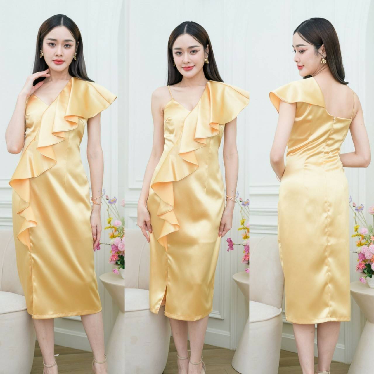 kudapy เดรสออกงานไหล่เดี่ยว แต่งระบาย เดรสสั้นใส่ออกงาน