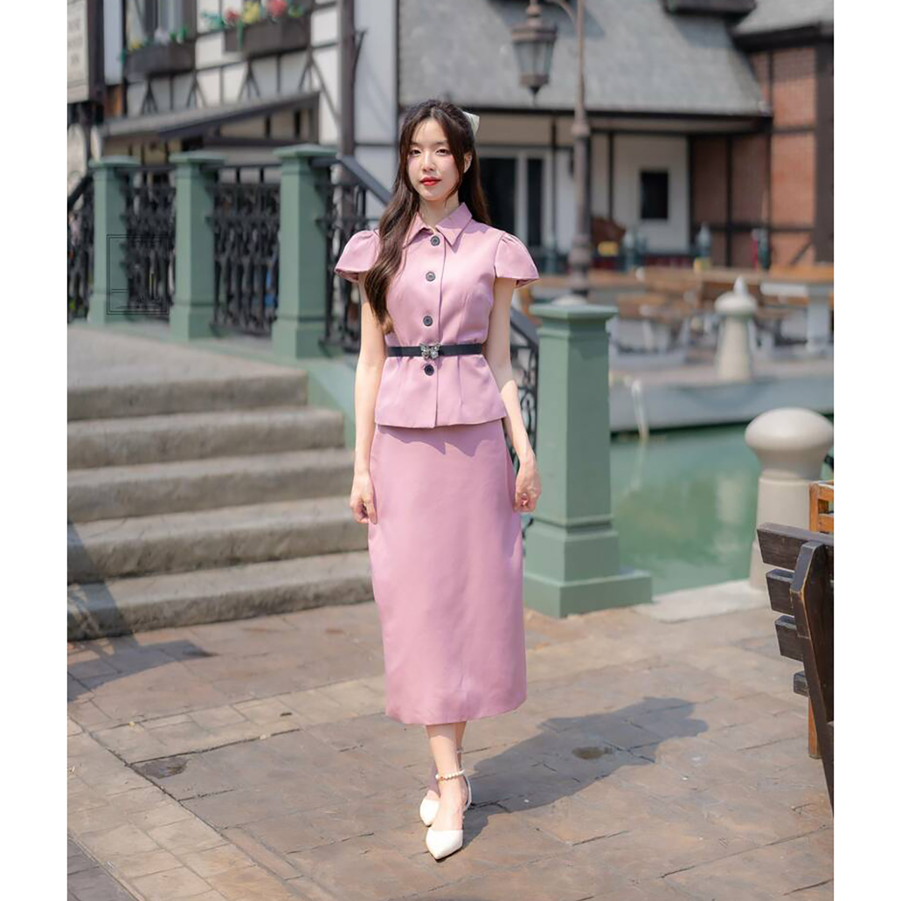 kudapy ชุดเซ็ทออกงาน+เข็มขัด แขนสั้นคอปก ใส่ออกงานสวยดูดี