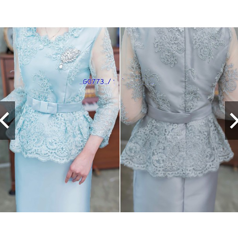 kudapy เซทแยกชิ้น เสื้อลูกไม้+กระโปรงยาว สีเทา เสื้อลูกไม้แขนสี่ส่วน มีซับในในตัว ซิบซ่อนด้านหลัง