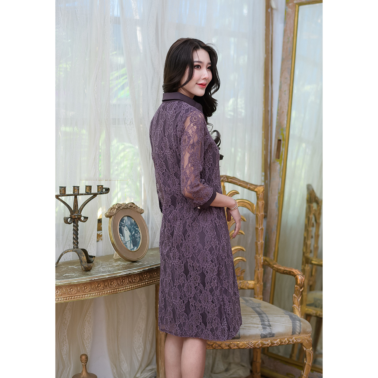 kudapy เดรสสั้นสีม่วง(หม่น)/สีกรม ลูกไม้สไตล์เชิต ผ้าเนื้อนิ่มมาก ด้านหน้ามีกิมมิคแต่งซิปเก๋