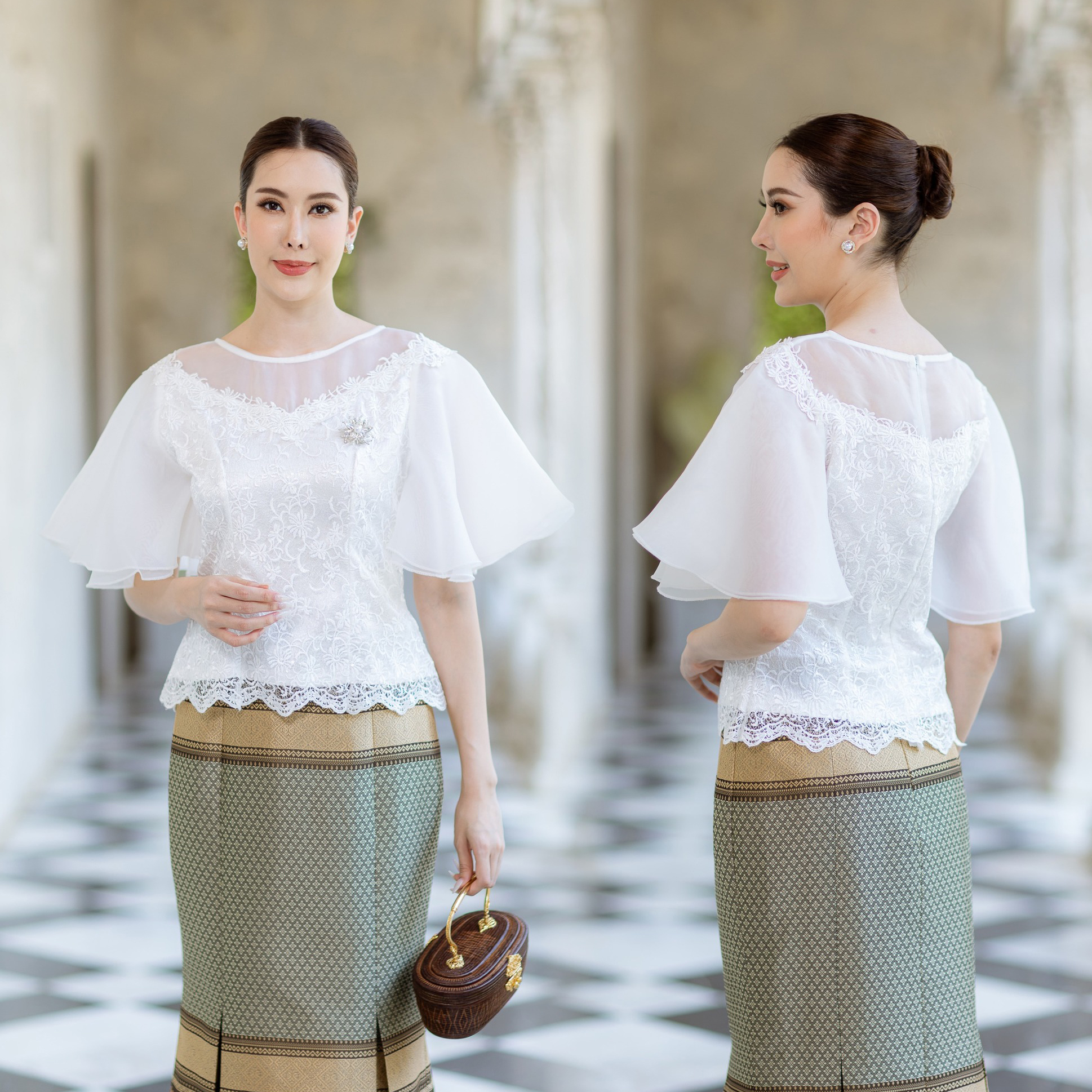 kudapy (เฉพาะเสื้อ) เสื้อลูกไม้คอกลมแขนระบายสีขาว/สีชมพู แขนแต่งระบายผ้าชีฟองทรงบาน มีซับใน ซิบหลัง