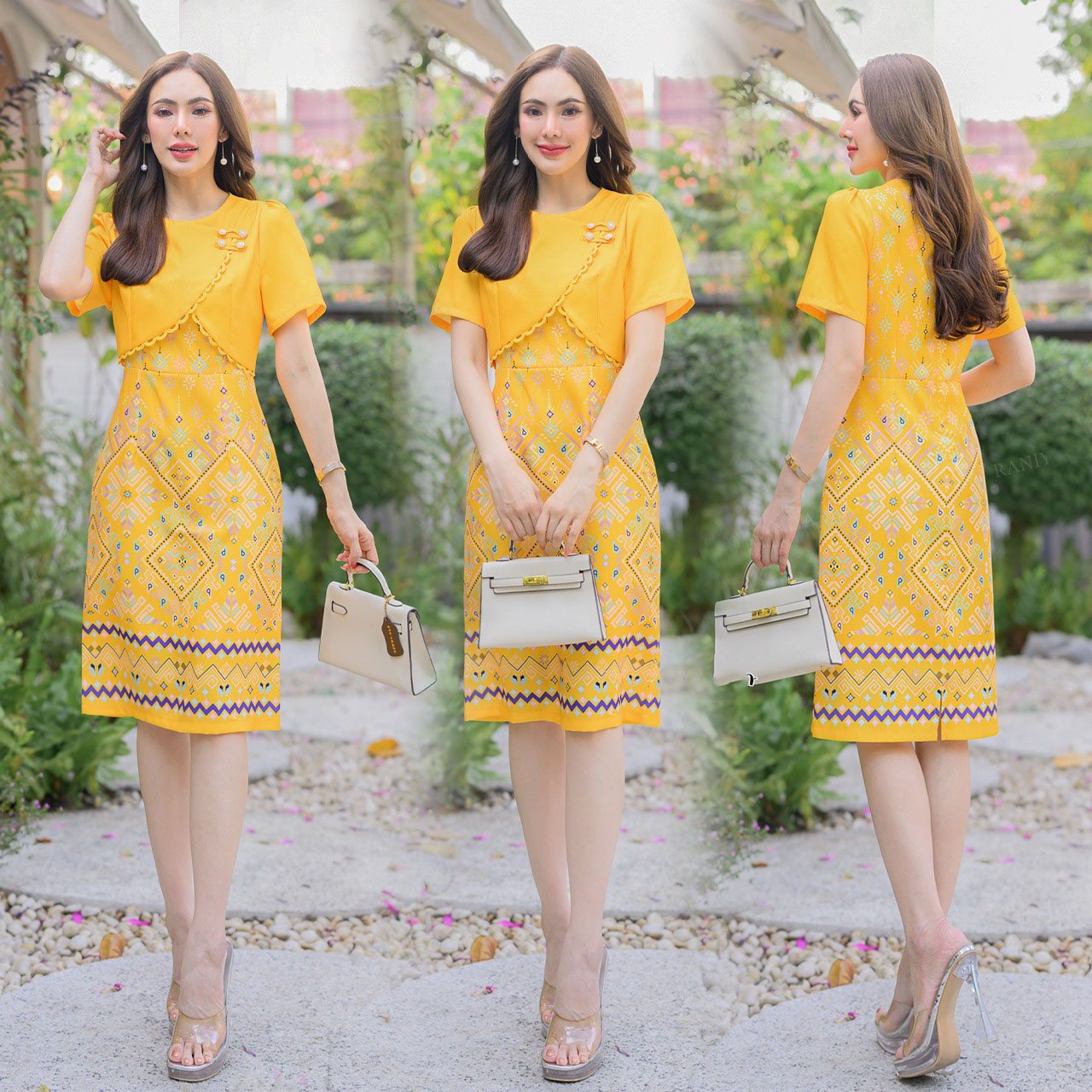 kudapy เดรสสั้น เดรสผ้าโพสลีเอสเตอร์เกาหลีแต่งกั๊กติดกระดุมมุกงาน พิมพ์ลายไทยแพรวา มีซับในและชิปหลังใส่สบาย