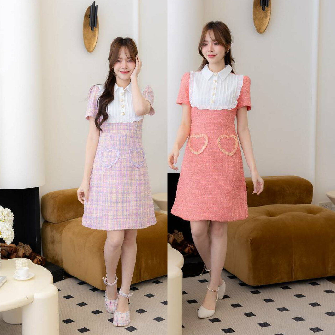 kudapy เดรสสั้นสีชมพู/สีแดง ผ้าทวิตคอปกหัวใจ