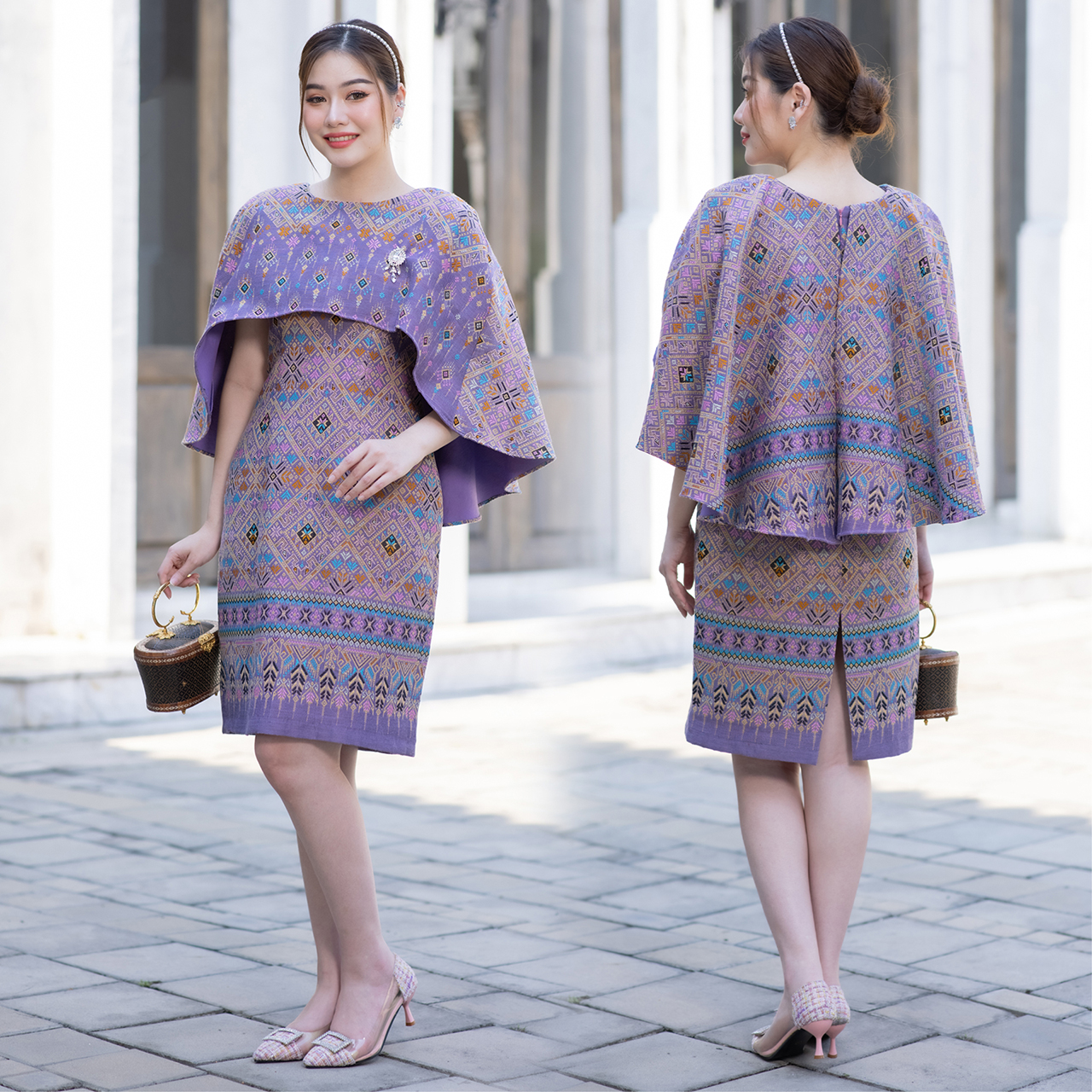 kudapy เดรสสั้นสีแดง/สีม่วง/สีม่วงอมเทา ชุดเมขลา" งานผ้าไหมทอสุดหรูลายแพรวา ทรงปีกผีเสื้อ สวยงาม ดูสง่า