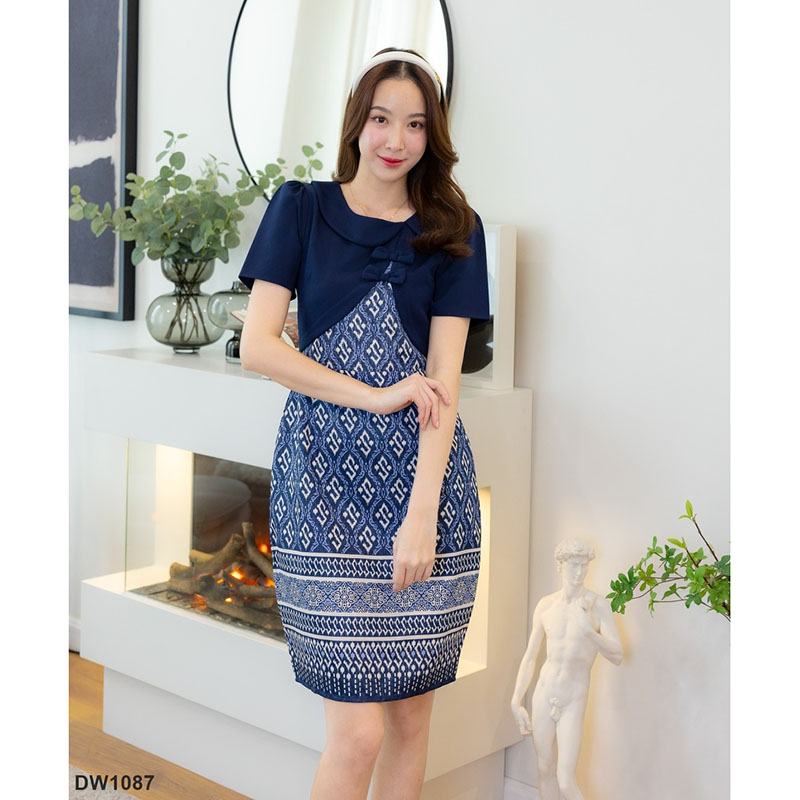 kudapy เดรสสั้นสีแดง/สีขาว/สีชมพู/สีส้ม/สีกรม ผ้าไทยกั๊กแต่งโบว์ ใส่สบายสวยดูดี