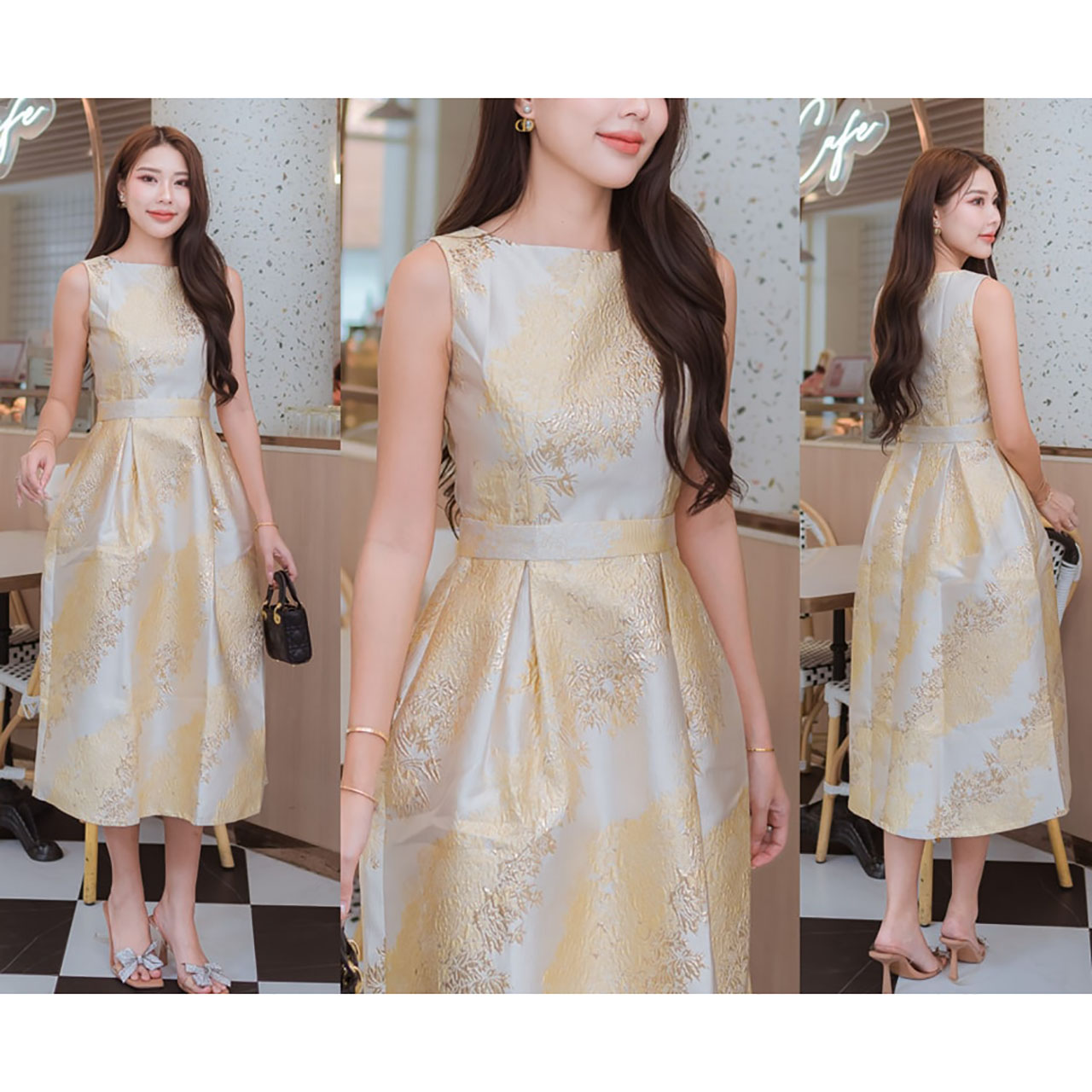 kudapy เดรสแขนกุดผ้าทอลาย ผ้า jacguard กระโปรบาน(เอเชฟ) มาพร้อมเข็มขัดในชุด ที่จะใส่ หรือ ไม่ใส่ก็สวย