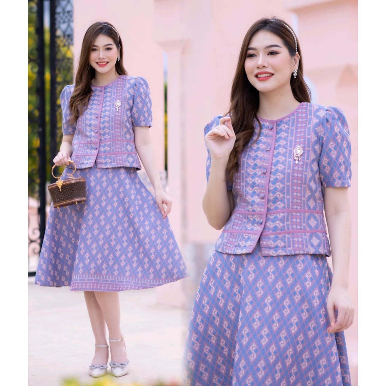 kudapy ชุดเซ็ทลายขอราชทาน ผ้าฝ้ายทอลายอัดกาวทั้งชุดตัดเย็บด้วยทีมงานมืออาชีพ กุ้นลายเพิ่มลูกเล่น