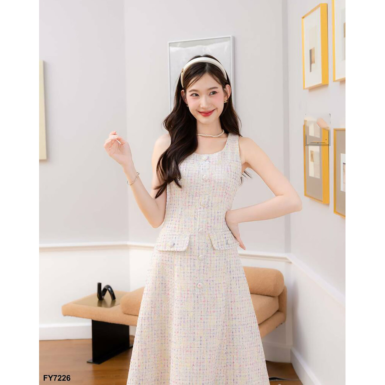 kudapy เดรสยาวสีชมพู/สีขาว กระโปรงยาวผ้าทวิสแต่งกระเป๋า