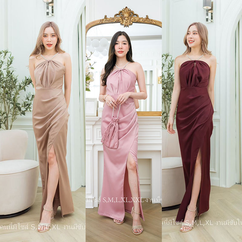 kudapy เดรสยาวสีชมพู/สีนู้ด/สีแดงเลือดหมู คล้องคอสายเพชร ผ้าเครปซาตินซับในทั้งชุด ชุดราตรีพรีเมี่ยม