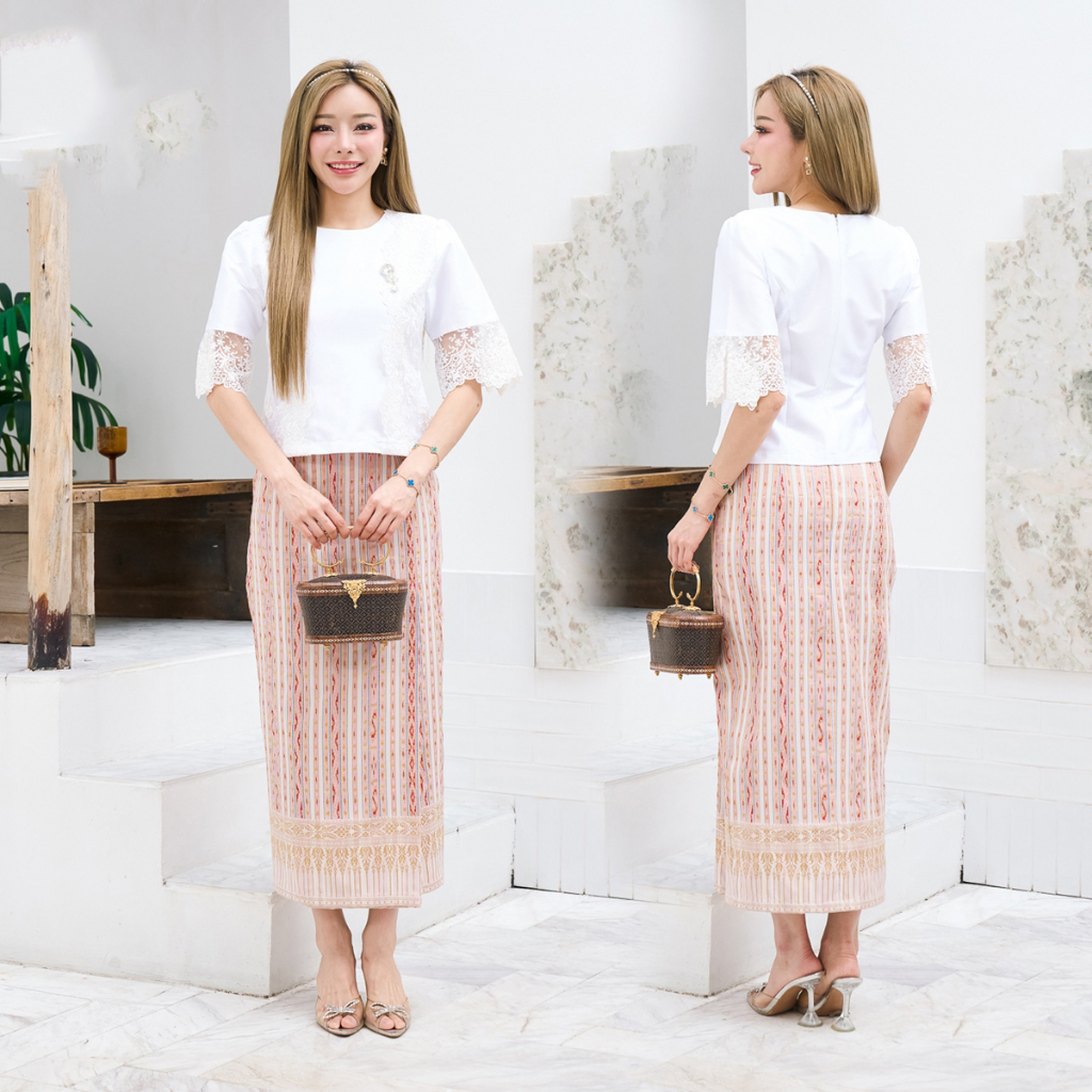 kudapy ชุดผ้าไหมแพรทิพย์สีขาว แต่งลูกไม้ฝรั่งเศส ชุดไปวัด ทำบุญ