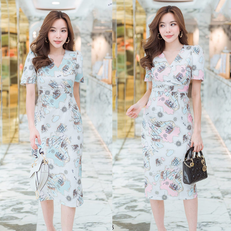 kudapyเดรสสั้นชมพู/สีเขียว คอวีลายเรือสวยสดุดตาใส่สบาย คุณหนู