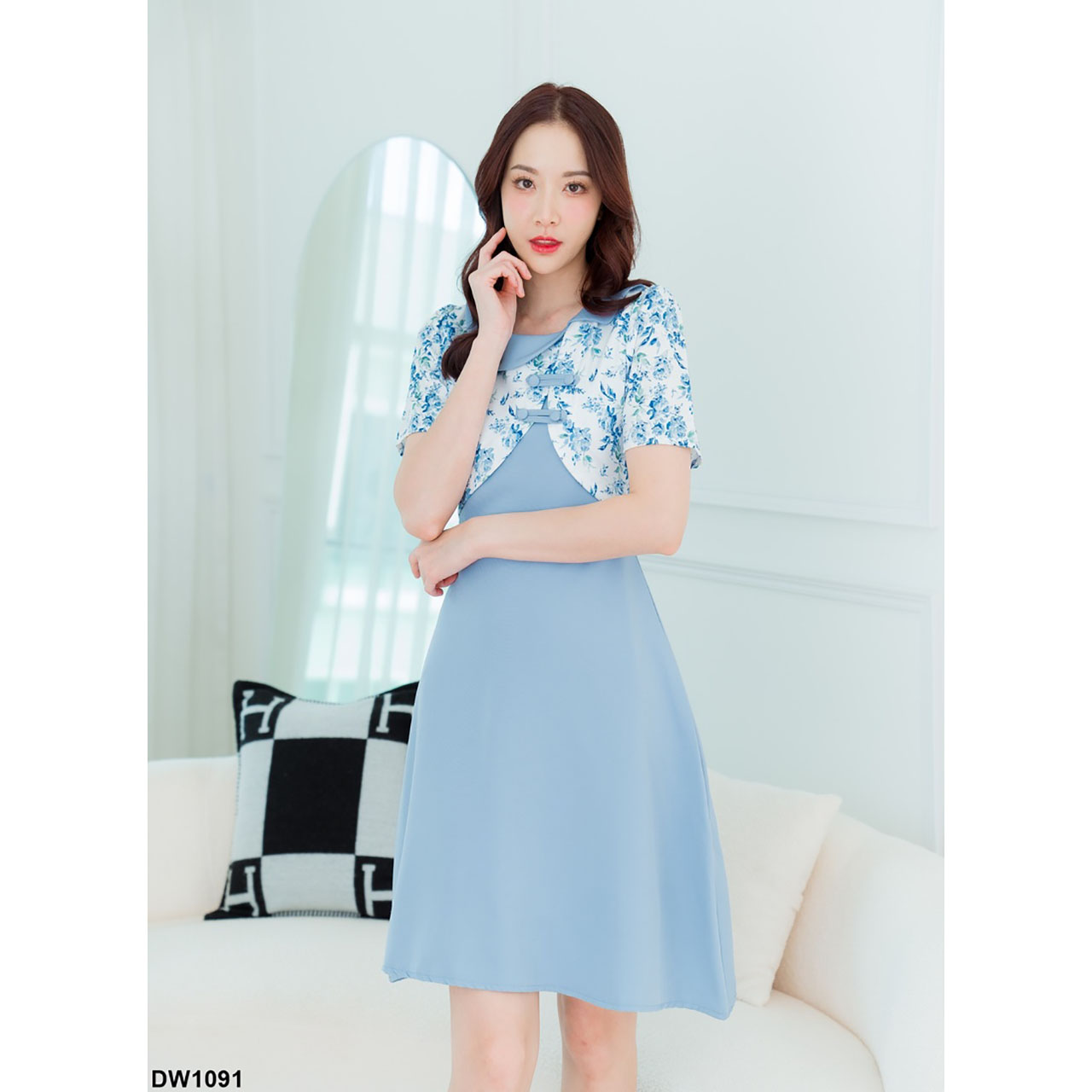 kudapy เดรสสั้นสีแดง/สีฟ้า ผ้าแจ็คการ์ดคอปก ใส่สบายสวยดูดีน่ารัก